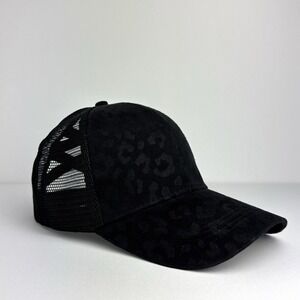 Women's PonyTail Hat Black Leopard Washed Denim Criss Cross Mesh‎ Baseball Cap